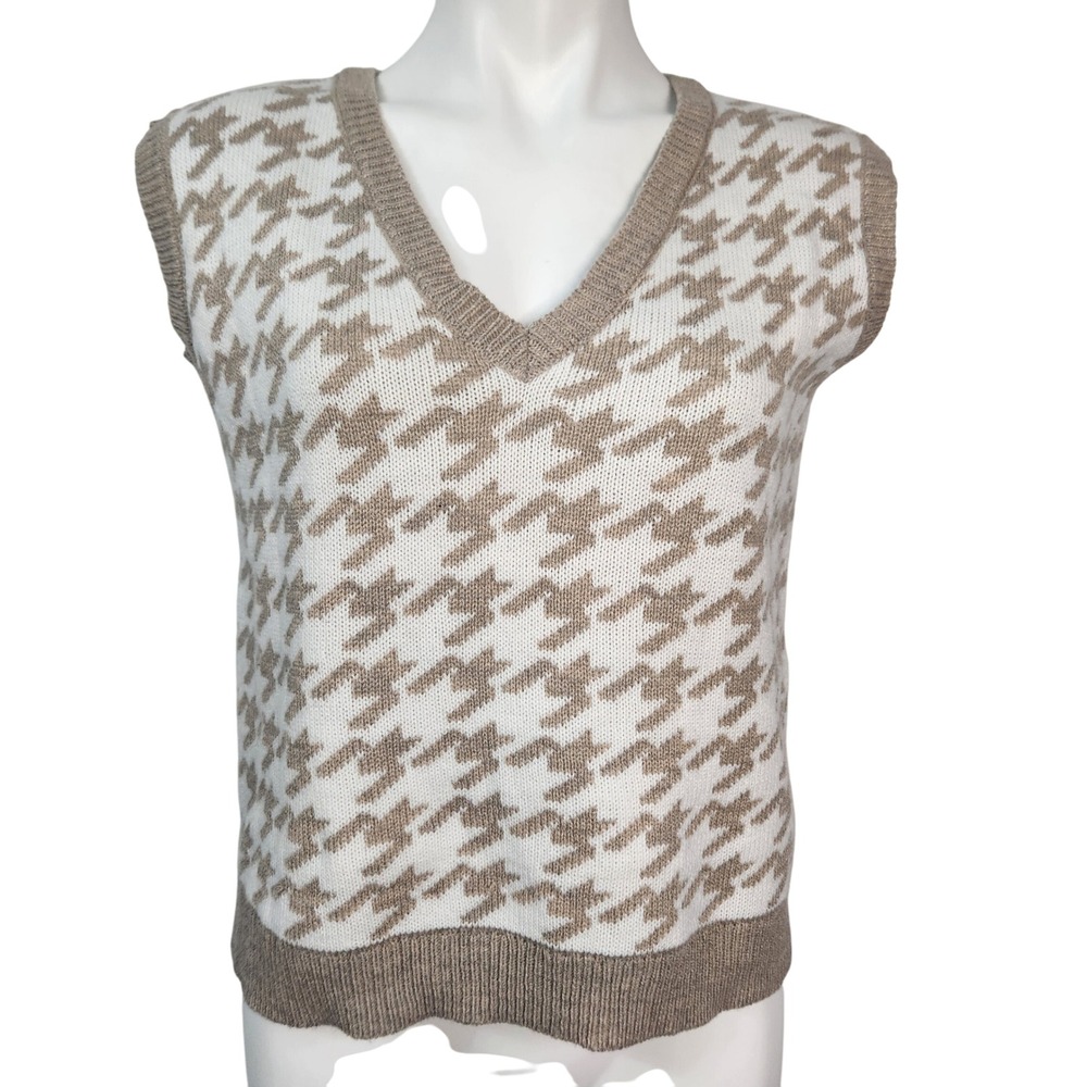 Jessica Simpson‎ Houndstooth V Neck preppy Knit Sweater Vest Size L Academia